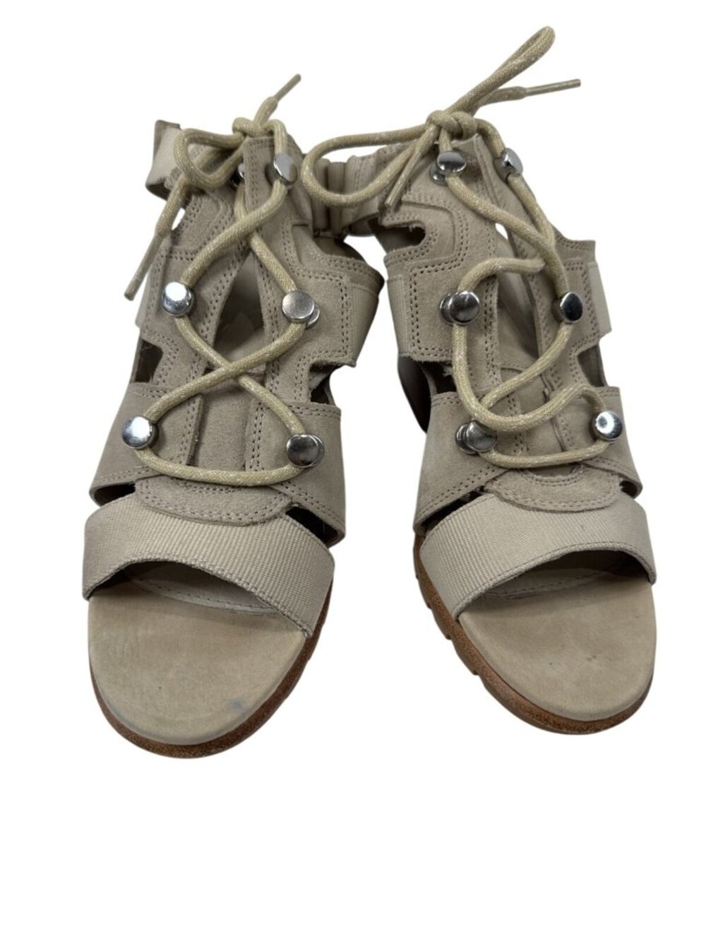 Sorel Beige Lace-Up Block Heel Sandals Size 9 For Women Leather Fabric Made In C